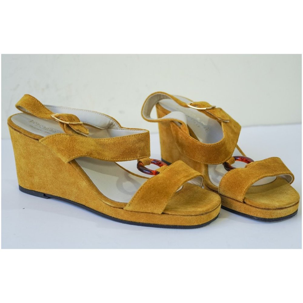 FERRARA Italy Gold/Yellow Suede Wedge Sandals, Square Toe, 3” Heel, Sz. 6.5